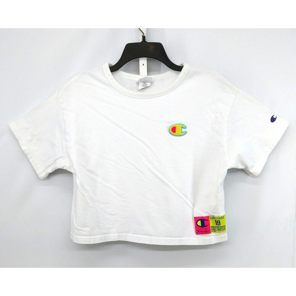 Champion Shirt Womens Medium White Short Sleeve Crop Top Raised Logo Streetwear